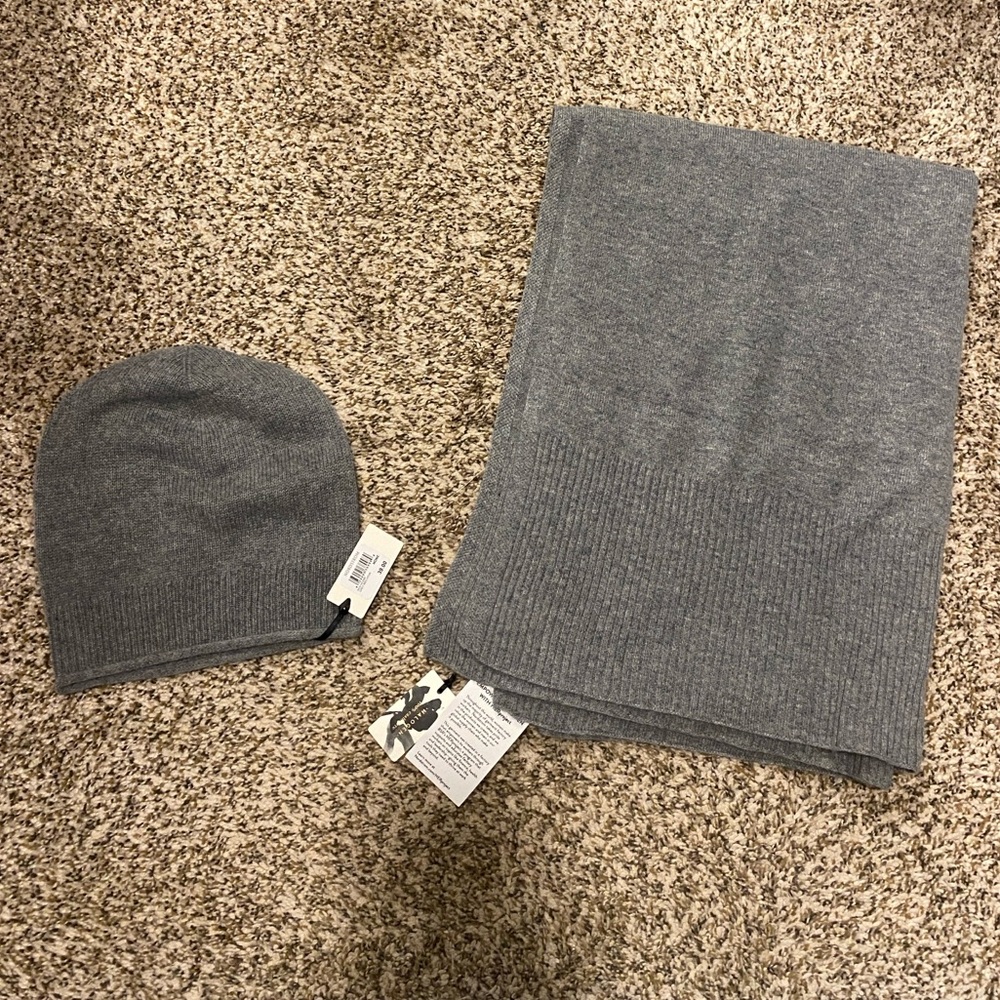 Halogen Gray Cashmere Beanie Hat & Scarf